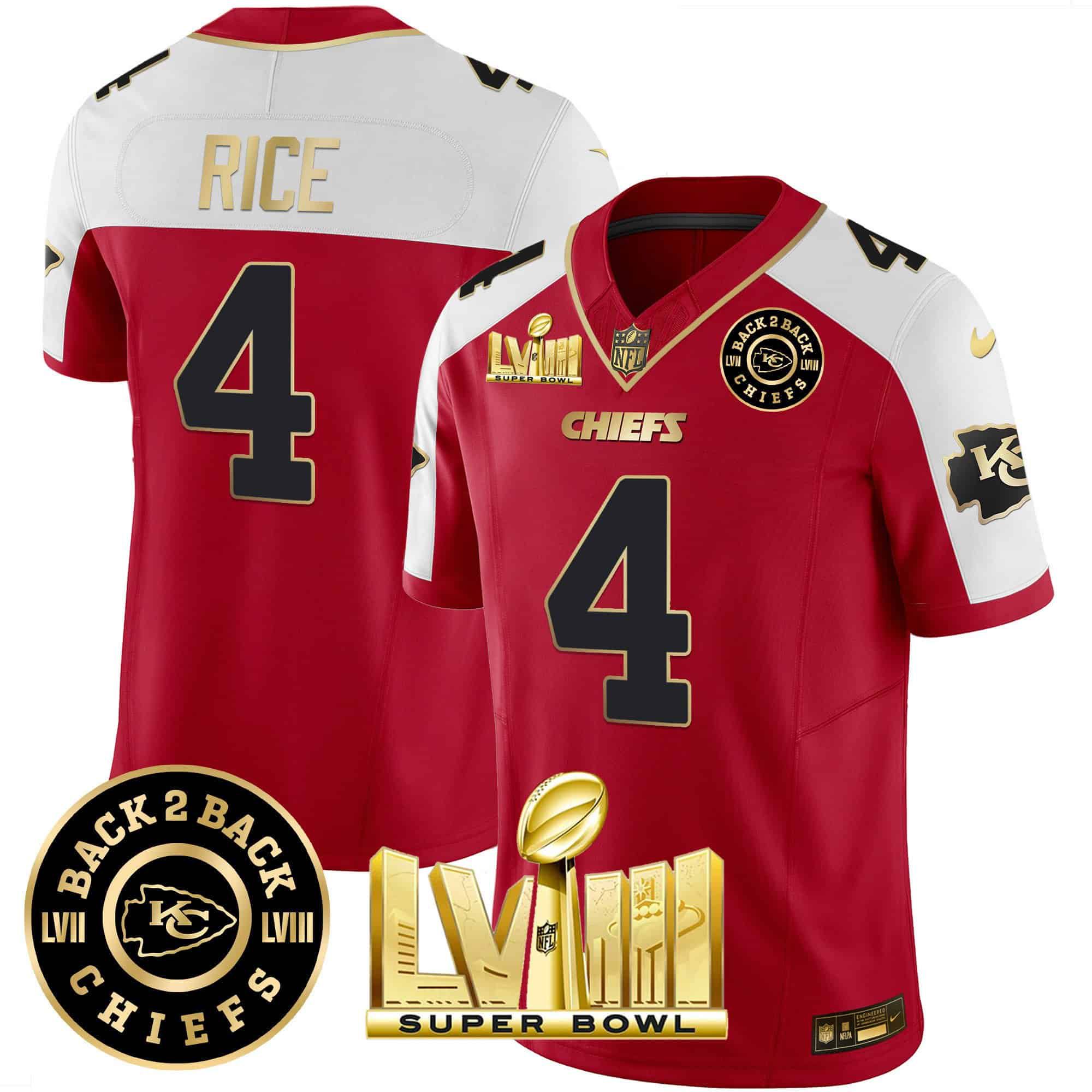 Men Kansas City Chiefs 4 Rice Red 2024 Nike Super Bowl LVIII & Back 2 Back Patch Vapor NFL Jersey
